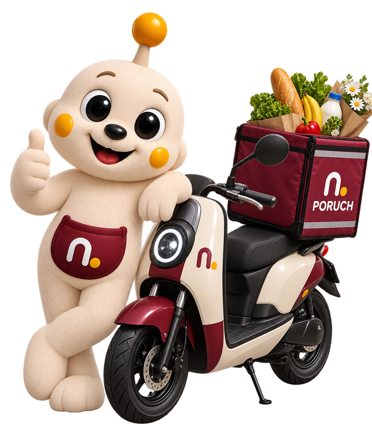 Руч — маскот PORUCH біля скутера з сумкою продуктів, показує клас